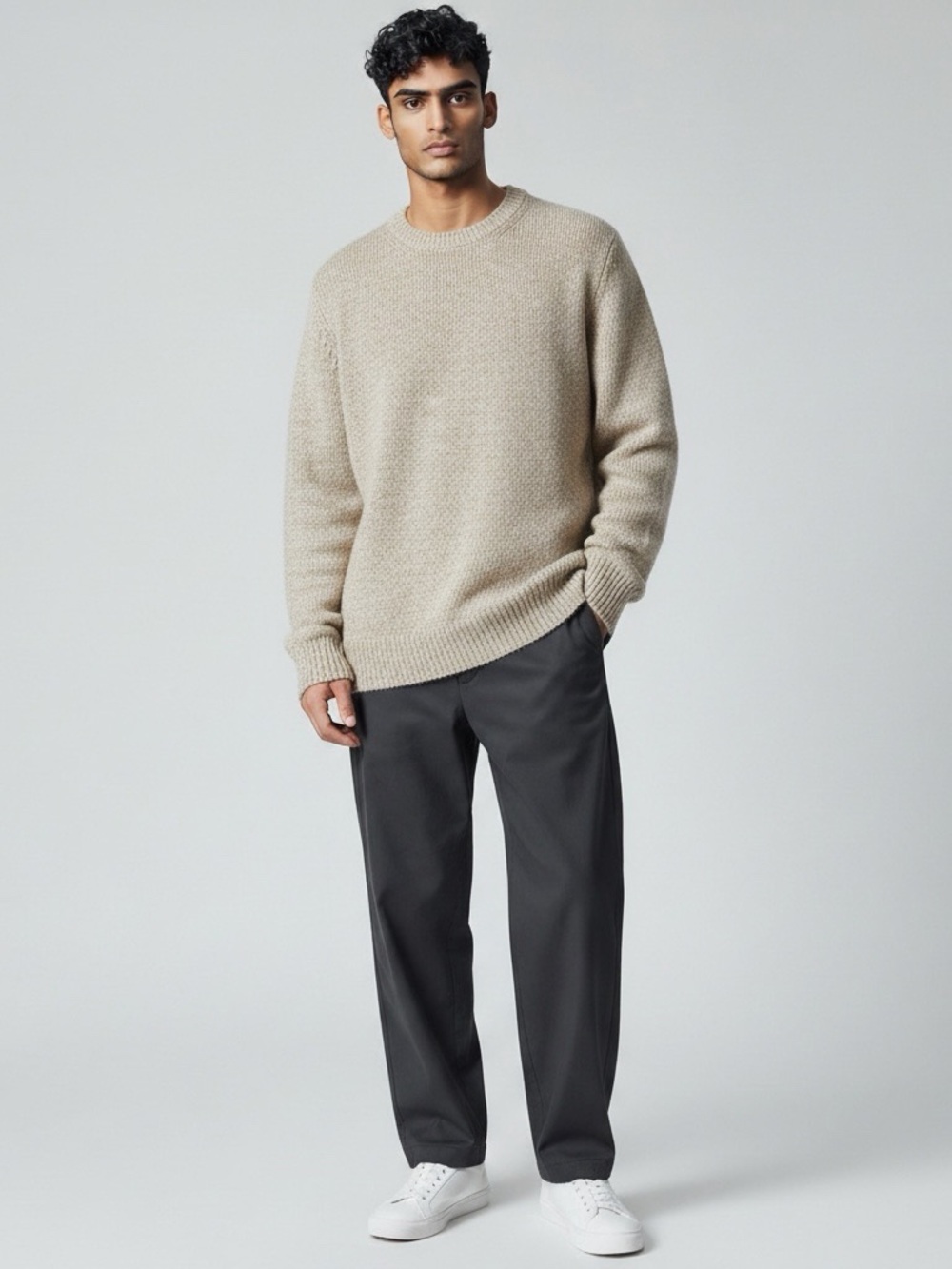 Salvatore Ferragamo Men's Cashmere and Wool Crewneck Sweater in Beige Size Large